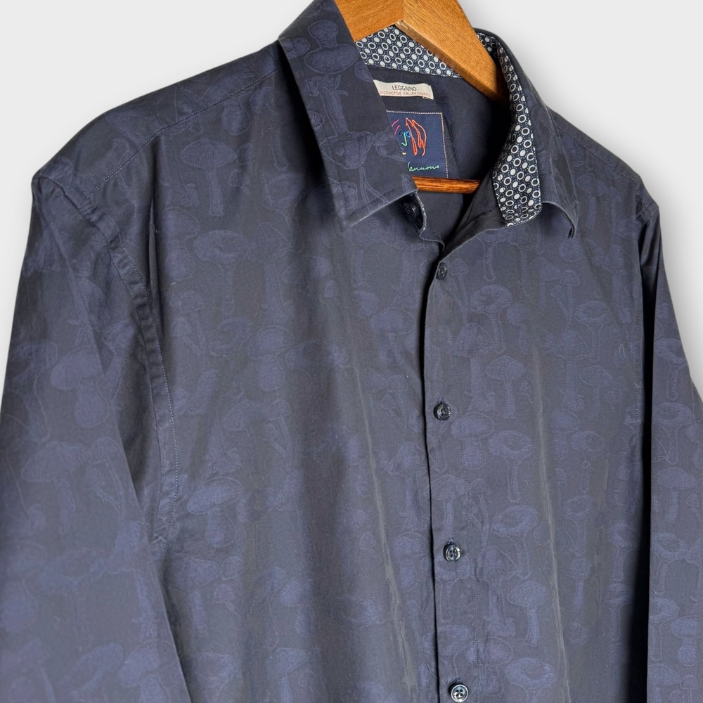 John Lennon Flip Cuff Mushroom Print Blue Button Up Shirt Long Sleeve Cotton XL - Picture 3 of 13